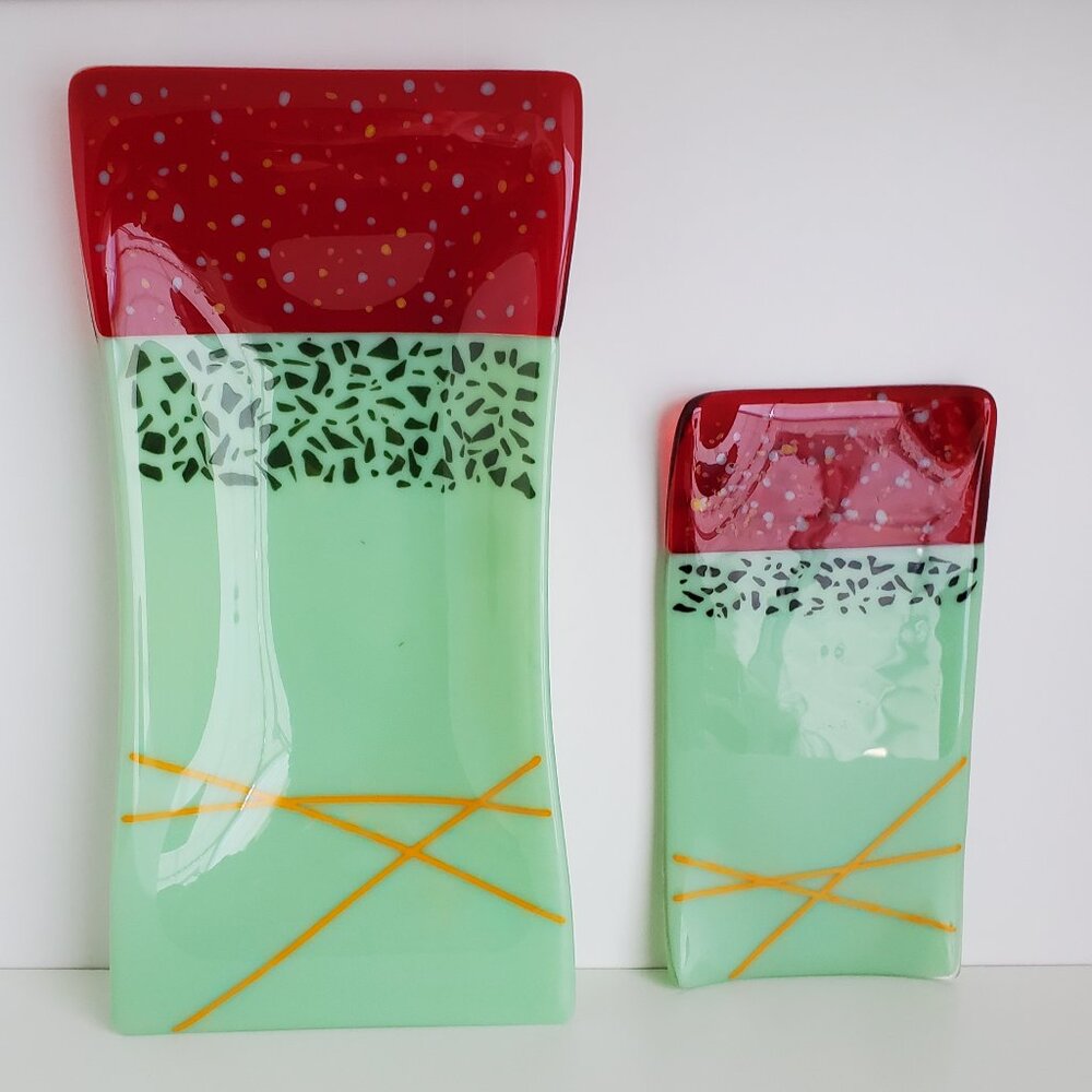Vintage Fused Glass Serving Platters Mint Green Opaque Red Decorative Party Two